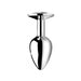 Small sleek silver metal anal plug with tapered shape and clear gem base for elegant sensual play.