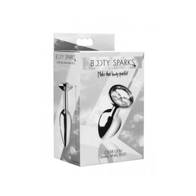 Packaging of Booty Sparks small clear gem anal plug with a polished metal finish and crystal jewel base.