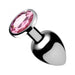 Medium-sized smooth metal anal plug with a tapered shape and a sparkling pink gem base.