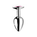 Medium-sized sleek silver metal anal plug with a tapered shape and a pink gem at the base.