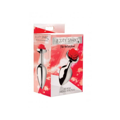 Packaging of Booty Sparks Red Rose medium anal plug with a smooth silver metal finish and a decorative red rose at the base.