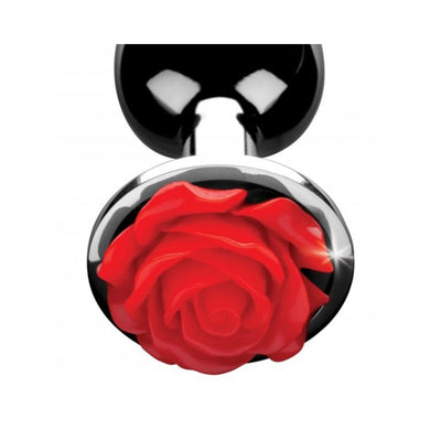 Small metal anal plug with a shiny red rose decorative end and smooth polished finish.