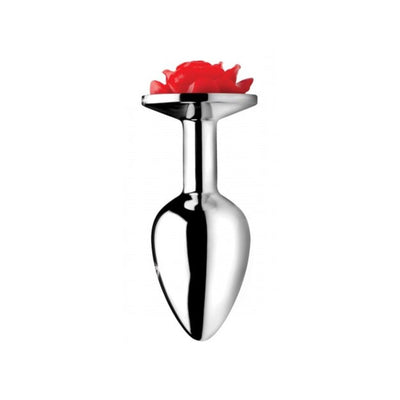 Small silver metal anal plug with a decorative red rose-shaped end for elegant intimate play.