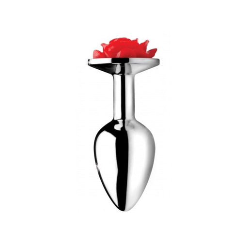 Small silver metal anal plug with a decorative red rose-shaped end for elegant intimate play.