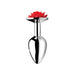 Small silver metal anal plug with a decorative red rose-shaped end for elegant intimate play.