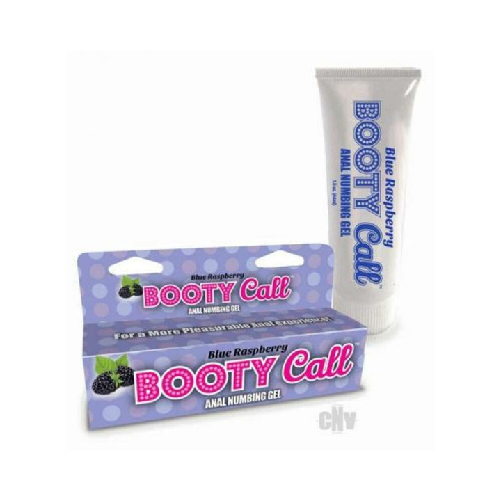 Bootycall Blue Raspberry anal numbing gel tube and matching purple polka dot box with berry graphics.