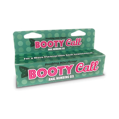 Booty Call mint-flavored anal numbing gel in green packaging with polka dot design for enhanced comfort.