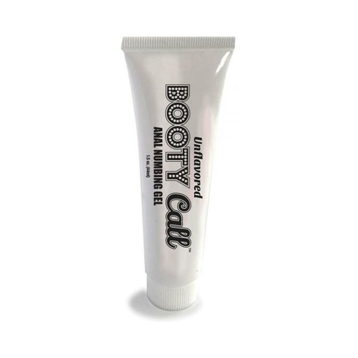 Tube of Bootycall unflavored anal numbing gel with black text on white packaging.