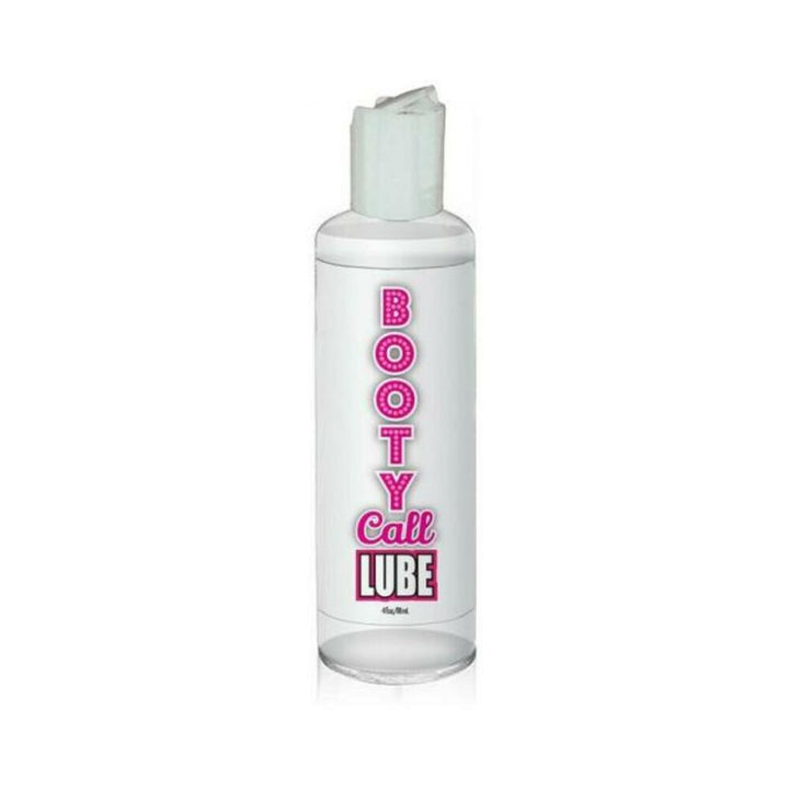 Bottle of Bootycall water-based lubricant 4 oz with white cap and pink and black label text.