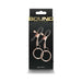 Pair of rose gold adjustable nipple clamps with black silicone tips on black packaging labeled Bound by ns novelties