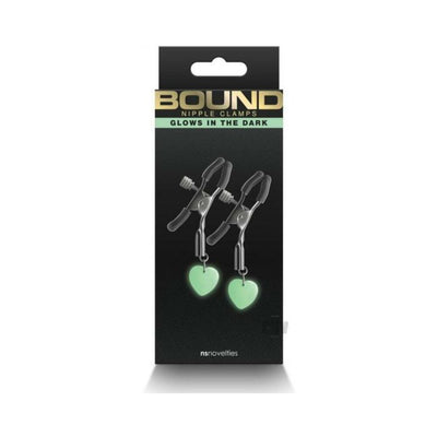 Bound G3 gunmetal adjustable nipple clamps with soft silicone tips and glowing green heart charms in black packaging.