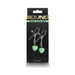 Bound G3 gunmetal adjustable nipple clamps with soft silicone tips and glowing green heart charms in black packaging.