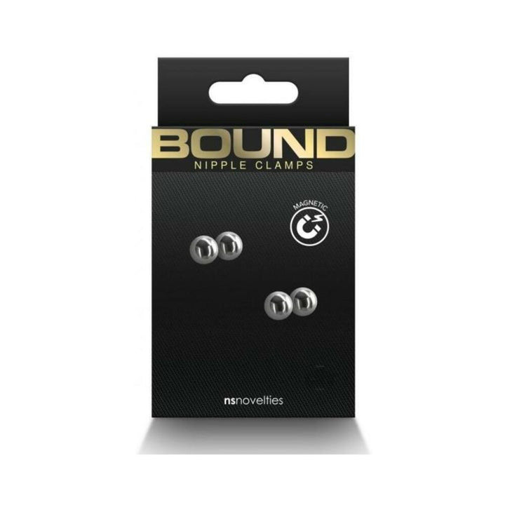 Gunmetal magnetic Bound Nipple Clamps in sleek black packaging with gold and white text.