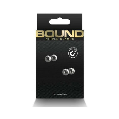 Gunmetal magnetic Bound Nipple Clamps in sleek black packaging with gold and white text.