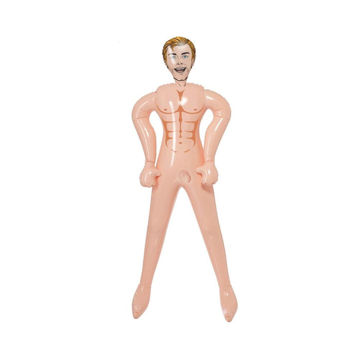Inflatable male doll with cartoonish face and defined chest and abs, standing with hands on hips.