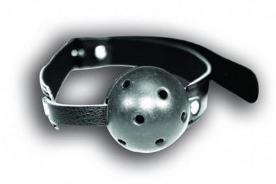 Black breathable ball gag with adjustable strap and ventilation holes for comfort and silent communication.
