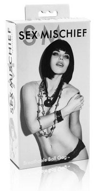 Packaging of a breathable ball gag featuring a black and white image of a woman wearing accessories and minimal clothing.