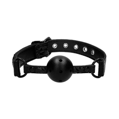 Black breathable ball gag with adjustable strap and metal eyelets on a white background