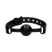 Black breathable ball gag with adjustable strap and metal eyelets on a white background