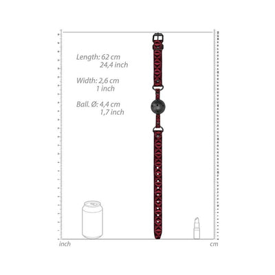 Burgundy breathable ball gag with diamond pattern strap and black adjustable buckle shown with size measurements.