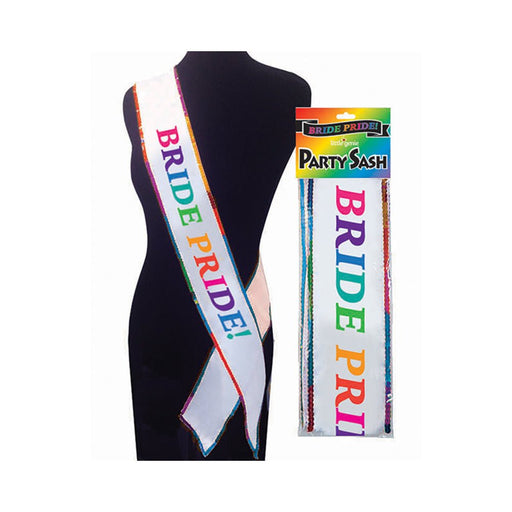 White Bride Pride sash with rainbow-colored text and trim displayed on a black mannequin and in packaging.
