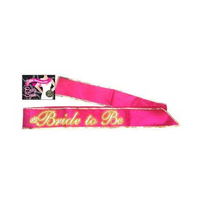 Bright pink Bride to Be party sash with gold trim and glowing text, perfect for bachelorette celebrations.