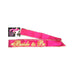 Bright pink Bride to Be party sash with gold trim and glowing text, perfect for bachelorette celebrations.
