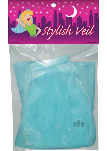 Blue bridal veil with silver ring accents in clear retail packaging labeled Stylish Veil against a pink cityscape background.