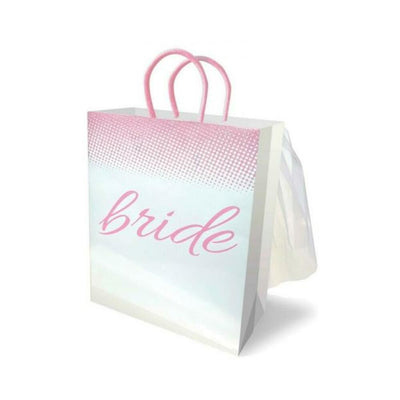 White and pink bride gift bag with elegant script and attached delicate veil on the back, featuring pink woven handles.