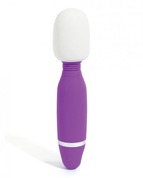 Purple handheld wand massager with a white silicone massage head and ergonomic design.