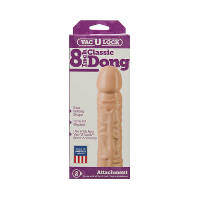 Vac-U-Lock 8-inch classic dong attachment in white, packaged in a purple and white box with product details.
