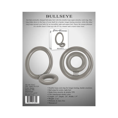 Translucent smoke-colored double loop cock ring made of stretchy TPE with packaging and product details on a gray background.