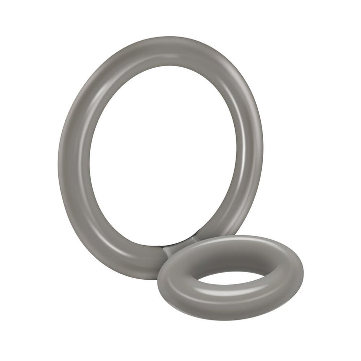 Translucent smoke-colored double ring cock ring made of soft, stretchable material for enhanced comfort and support.