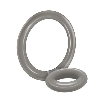 Translucent smoke-colored double ring cock ring made of soft, stretchable material for enhanced comfort and support.