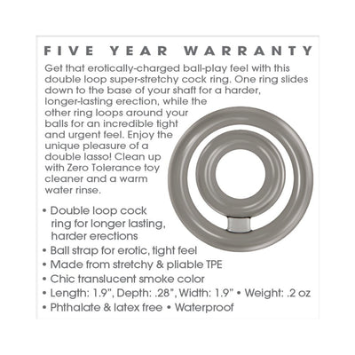 Translucent smoke-colored double loop cock ring made from stretchy TPE with product features and warranty text.