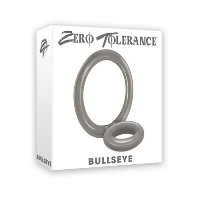 Packaging box of Zero Tolerance Bullseye double ring cock ring in translucent smoke color.