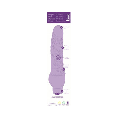 Diagram of Bully Boy 7-inch realistic vibrator showing length, girth, textured details, multi-speed motor, and battery compartment features.