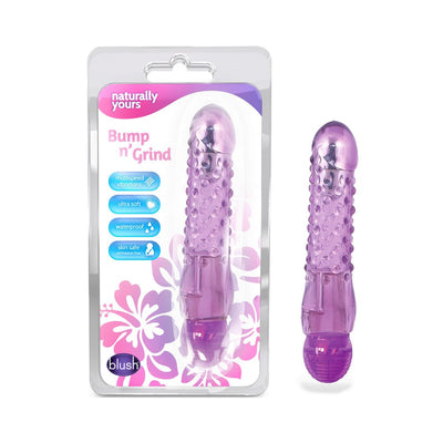 Purple textured vibrator with multi-speed vibrations shown in and out of clear retail packaging.