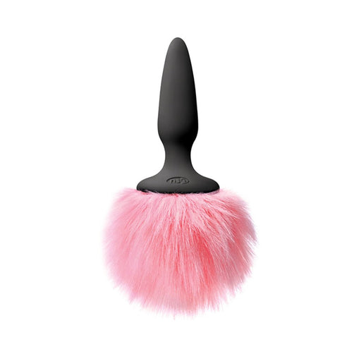 Black silicone tapered plug with a soft, fluffy pink faux fur bunny tail attached.