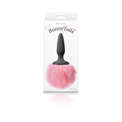 Black silicone butt plug with a soft, fluffy pink bunny tail in retail packaging.