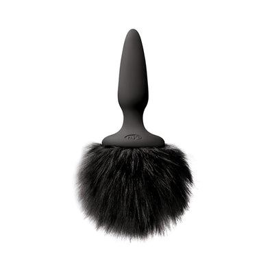 Black silicone tapered plug with a soft, fluffy black faux fur bunny tail attachment.