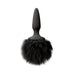 Black silicone tapered plug with a soft, fluffy black faux fur bunny tail attachment.