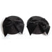 Black glittery round pasties adorned with large satin bows for a glamorous burlesque look.
