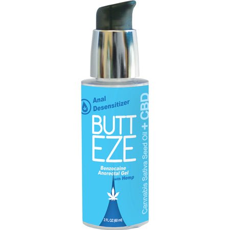 Bottle of Butt Eze anal desensitizing gel with hemp seed oil and benzocaine, 2 oz pump dispenser with blue label.