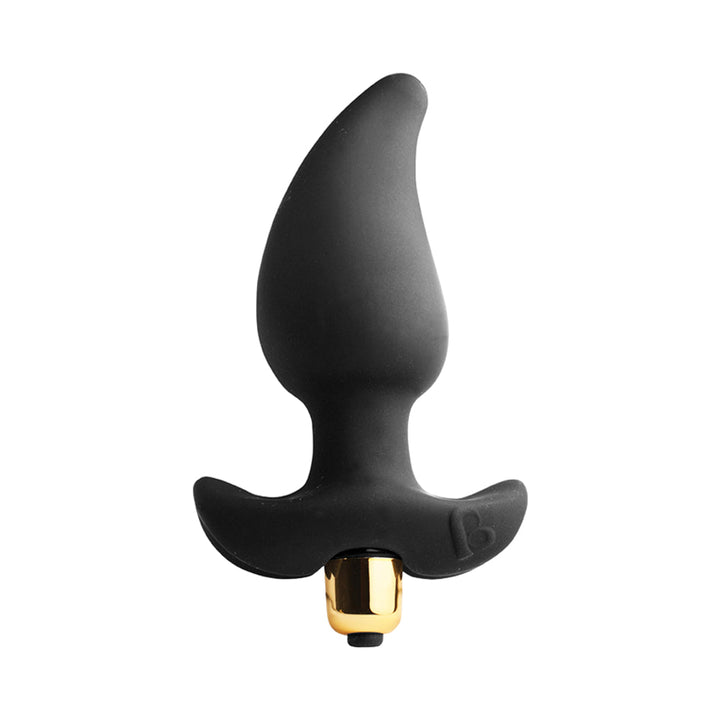 Black silicone prostate massager with ergonomic curved shape and gold-tone bullet vibrator at base.