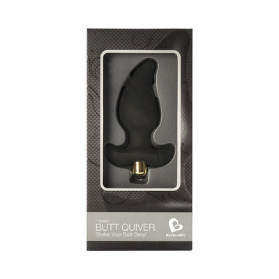 Black silicone prostate massager with gold bullet vibrator in branded packaging labeled Butt Quiver by Rocks-Off.