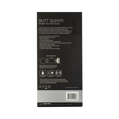 Back view of Butt Quiver packaging showing product features, usage instructions, and barcode on black textured box.