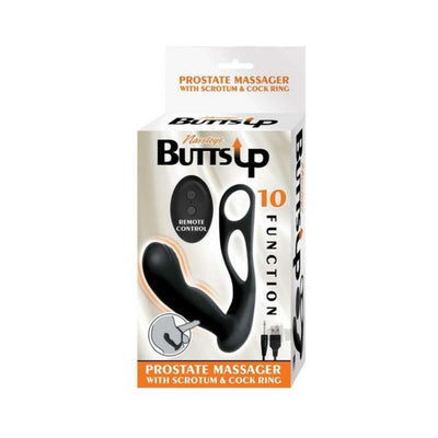 Packaging of Butts Up prostate massager with scrotum and cock ring, featuring remote control and USB charging.