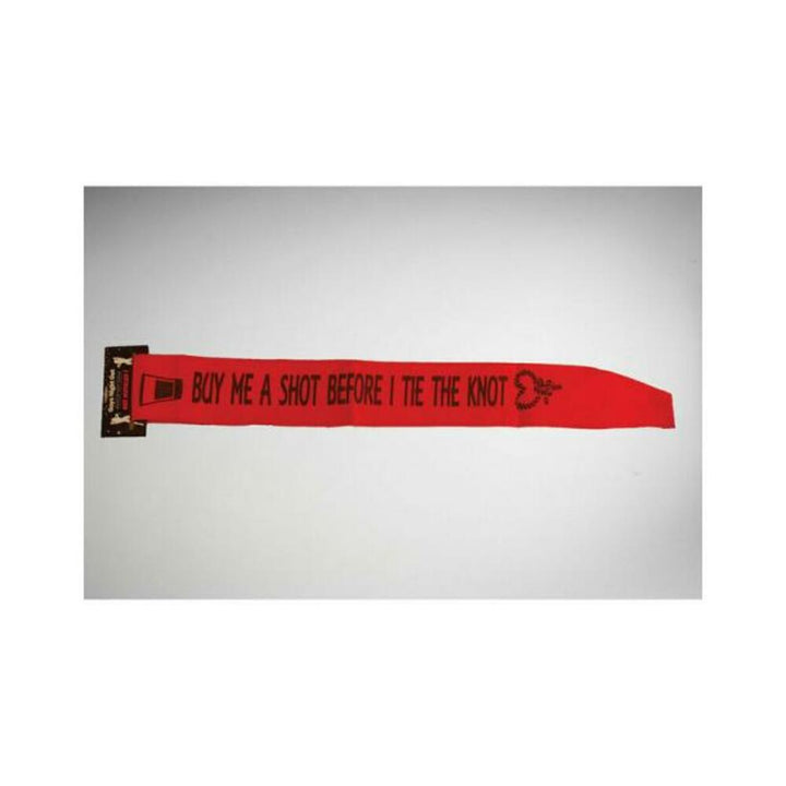 Red sash with black text reading Buy Me a Shot Before I Tie the Knot and a shot glass graphic for bachelor parties.