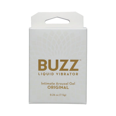 Buzz Original Liquid Vibrator Intimate Arousal Gel in white and gold packaging, 0.26 oz size.